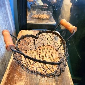 Vintage chicken wire heart basket with wood handles cute